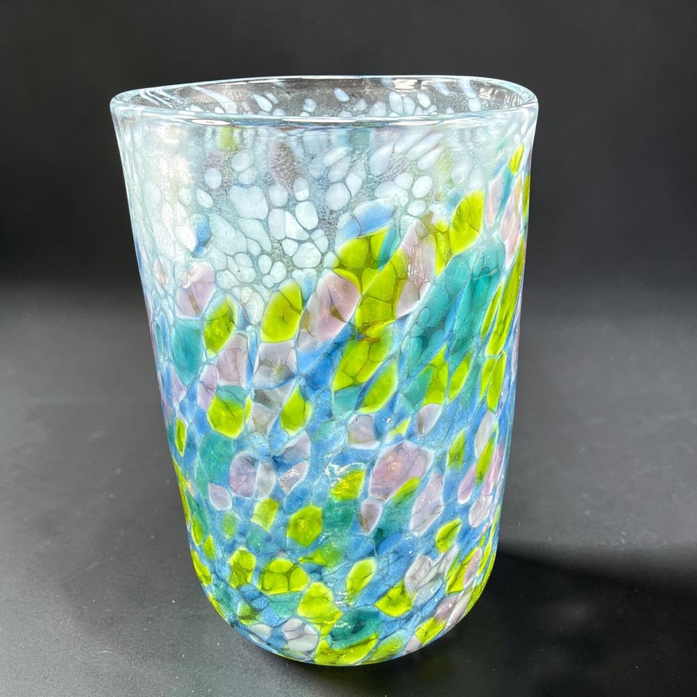 Hand Blown Art Glass Tumbler Blue Green Lavender Confetti Mosaic Signed USA 5"